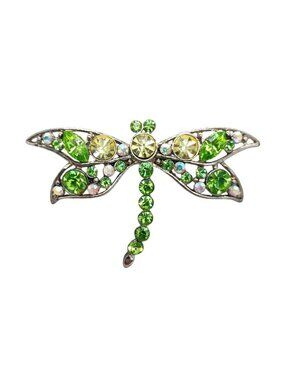 Green Yellow Crystal Rhinestone Dragonfly Brooch Pin 2 1/2" Wingspan